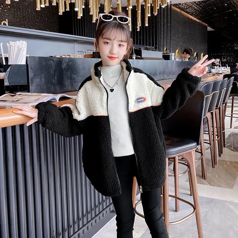 Girls' Jacket Autumn and Winter Clothes Korean Style Quilted Thick Warm Windproof Wool Sweater Top