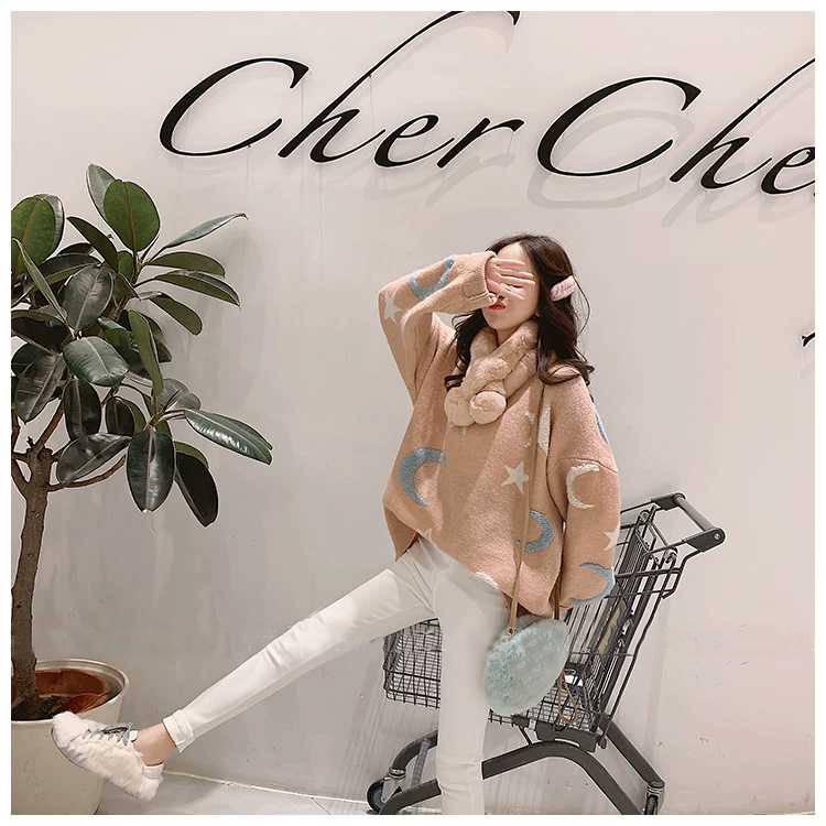 Stars and Moon Sweater Women Winter Loose Round Neck Long Sleeved Pullover Knitted Sweater