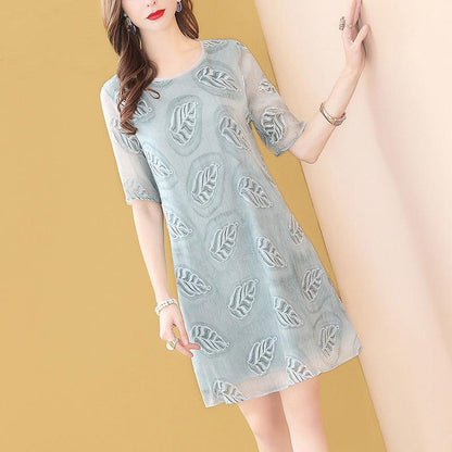 Spring Summer Chiffon Dress Light Green Short-sleeved Round Neck Casual T-shirt Dress Women's Plus Size Dress