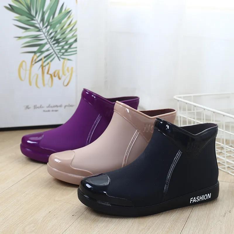 Waterproof Rain Boots Women Rubber Shoes Short Tube Ankle Shoes Water Shoes Shallow Flats Non-slip Rain Boots Fashion Slip on Female Footwear