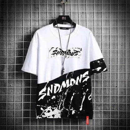 Men's Summer Stitching Short-sleeved T-shirt Male Student Korean Version Loose Five-point Sleeve Hip-hop Half-sleeve Male