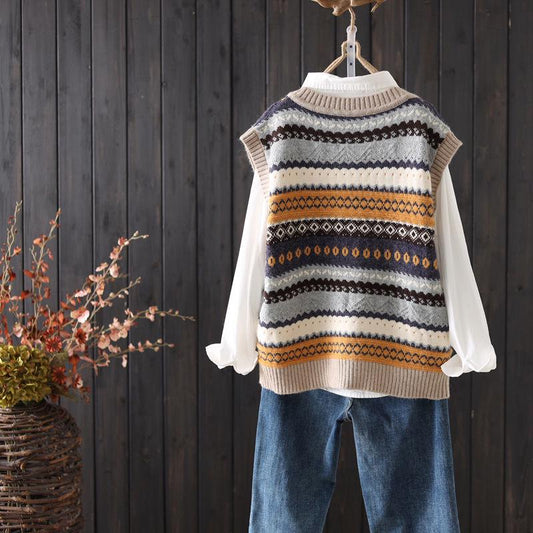 Vintage Printed Sweater Vest Sleeveless Knitted Vest Loose Pullover Sweater Tank Tops for Women