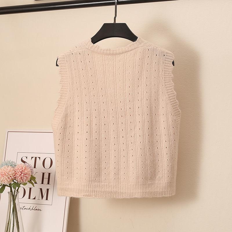 Wool Knitted Vest Women's Vest Spring and Autumn Loose Short Wave Side Single-breasted Hollow Sweater Small Cardigan