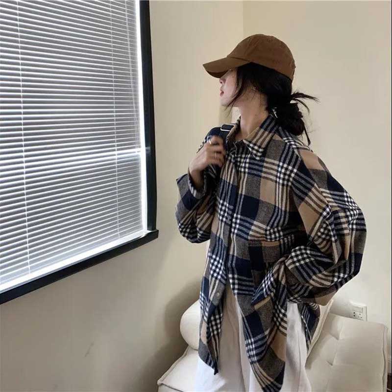 Layered Plaid Shirt Women's Spring and Autumn Retro Loose and Lazy Style Shirt Coat