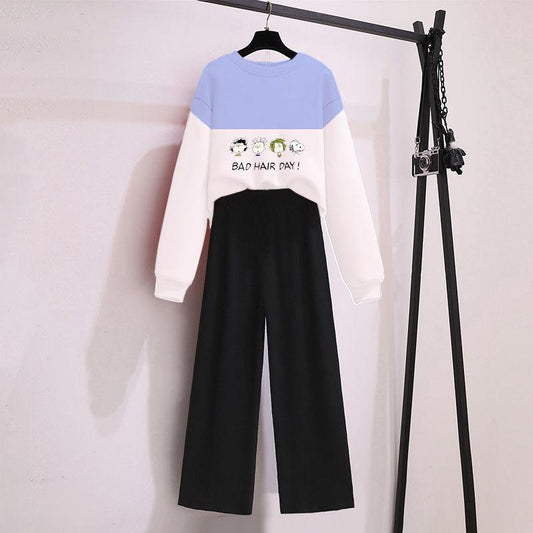 Loose Sweater Wide-leg Pants Casual Suit Women's Two-piece Suit Comfortable Sweat-absorbent Breathable Stitching Sweater Wide-leg Pants Casual Wear