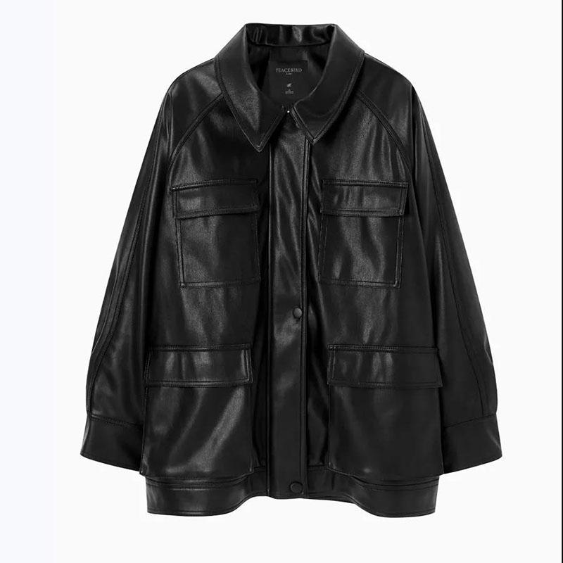 Autumn and Winter Leather Jacket Retro Loose Motorcycle Jacket Plus Velvet Thickening Mid-length Women's Leather Jacket