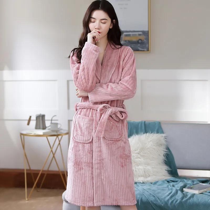 Women's Autumn Winter Coral Fleece Nightgown Mid-length Flannel Bathrobe Solid Color Striped Pocket Belted Dressing Gown Long Sleeves Thick Warm Robe