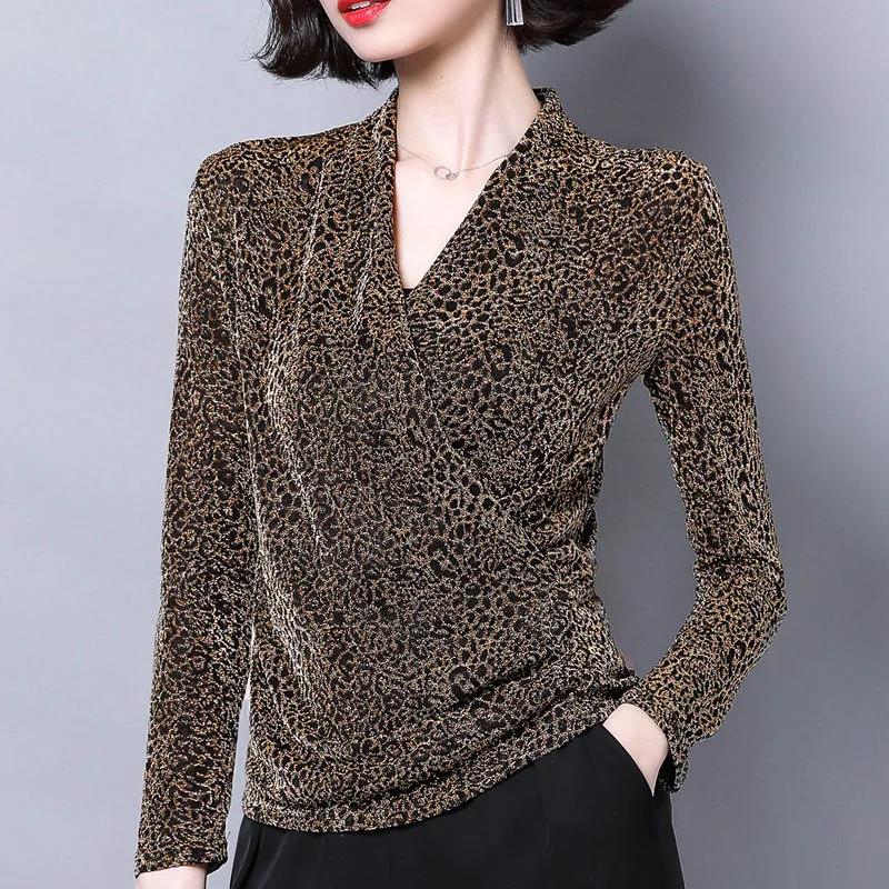 Women's Spring and Autumn T-shirt Plus Size Slim V-neck Long-sleeved Top