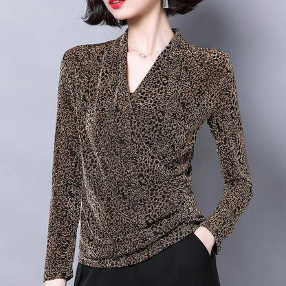 Women's Spring and Autumn T-shirt Plus Size Slim V-neck Long-sleeved Top