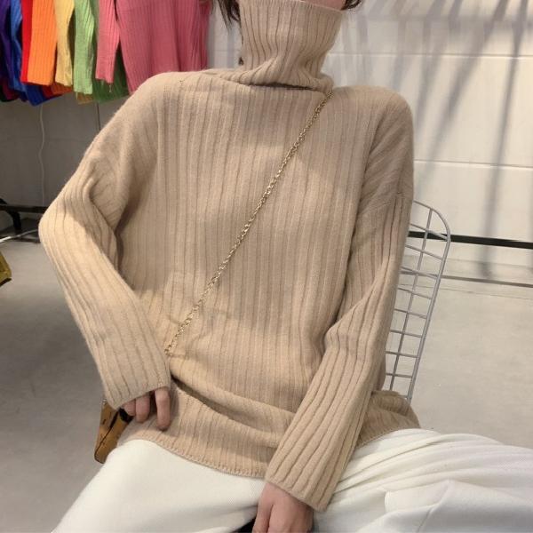 Pofulove Candy Color Pile Collar Sweater Women Autumn Winter Thick Solid Long Sleeve Loose Soft Base