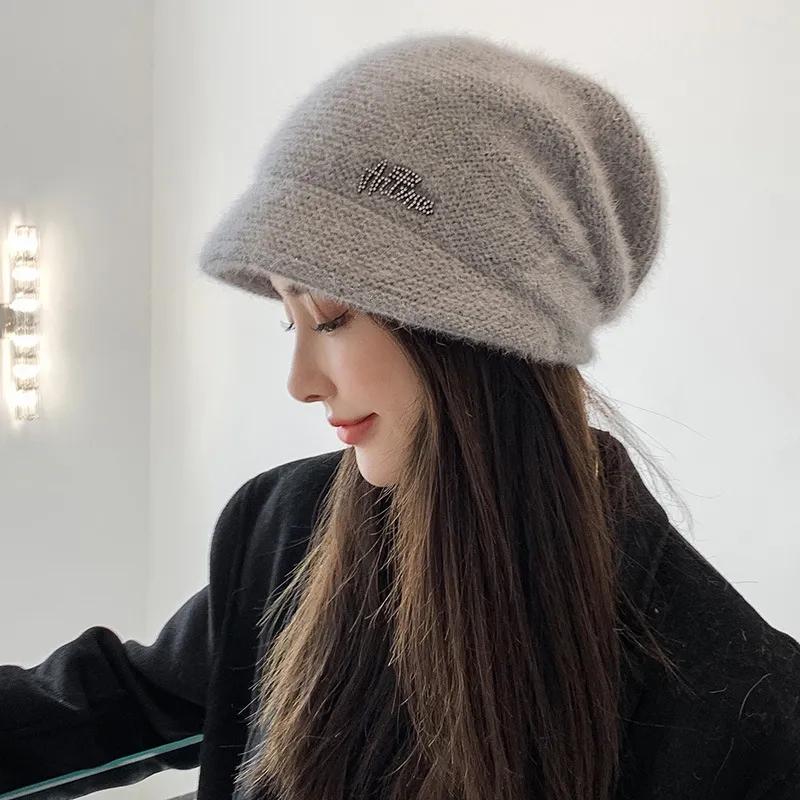 Women's Autumn Winter All-match Korean Version Warm Pile Hat Knitted Woolen Hat Solid Knitting Hat with Brim Rabbit Hair Blend Rhinestone Hat
