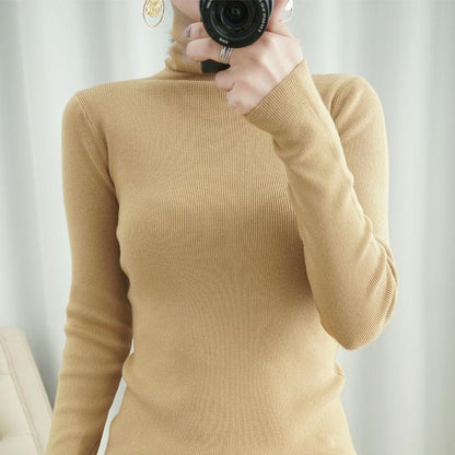 Autumn and Winter New Pile High-neck Woolen  Ladies Slim Tight-fitting Long-sleeved Sweater Base Sweater