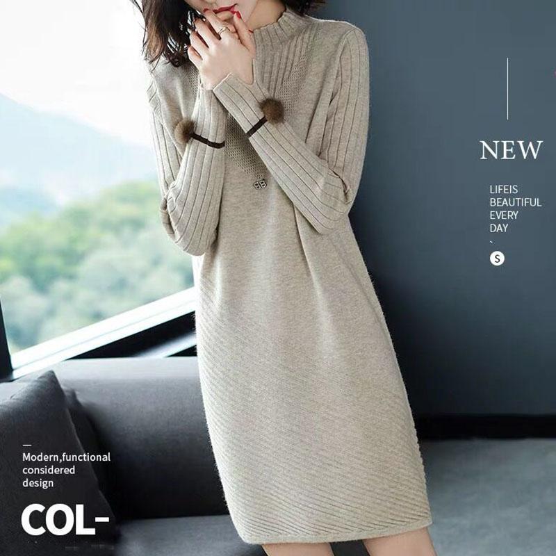 Autumn and Winter Long Thick A-line Knitted Dress Women Loose Pullover Sweater Dress Bottoming Wool Sweater
