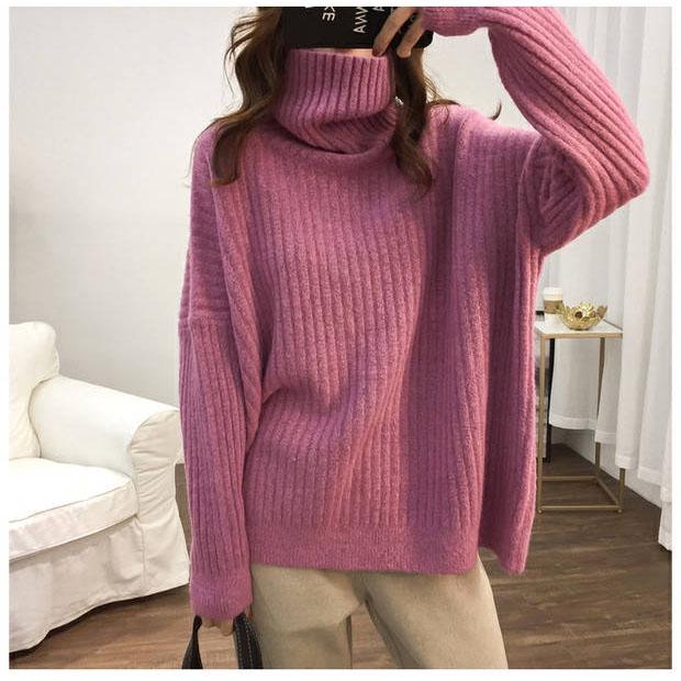 Loose Turtleneck Long-sleeved Sweater Women's Winter Warm Knitted Solid Color Sweater