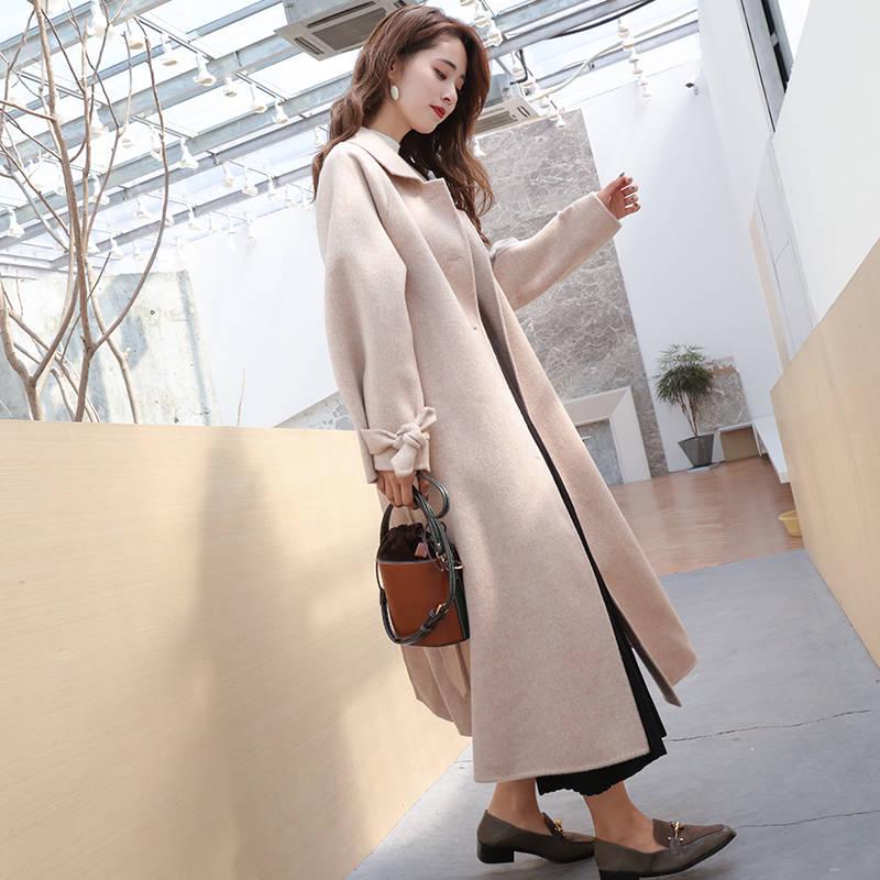 Elegant Long Women's Coat Lapel 2 Pockets Belted Jackets Solid Color Coats Female Outerwear