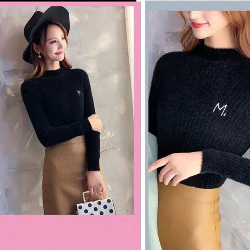 Pofulove waterproof mink half turtleneck sweater women long-sleeved winter fit bottoming shirt women