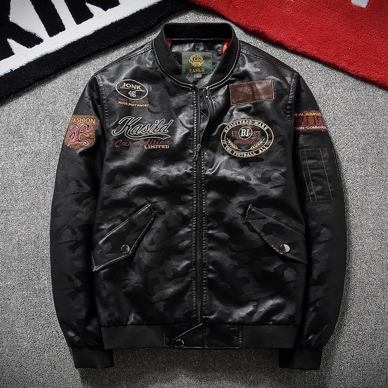 Pilot jacket spring and autumn men's leather short embroidered PU leather jacket men