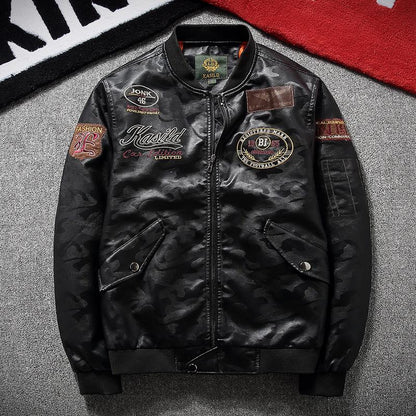 Pilot jacket spring and autumn men's leather short embroidered PU leather jacket men