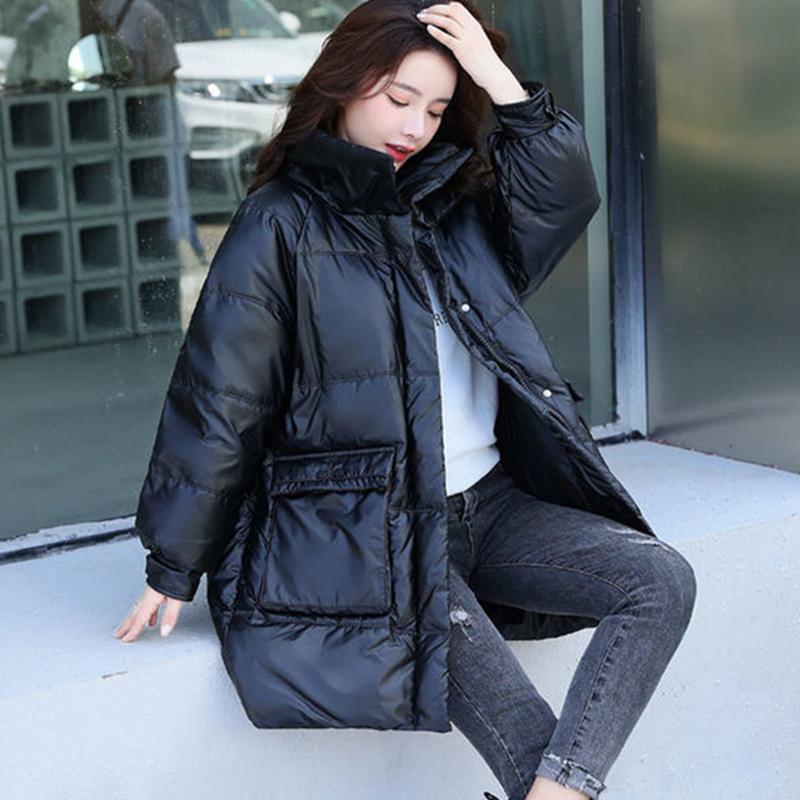 Women's Winter Korean Loose Quilted Coat Warm Stand-collar Down Jacket Women's Glossy Mid-length Down Jacket
