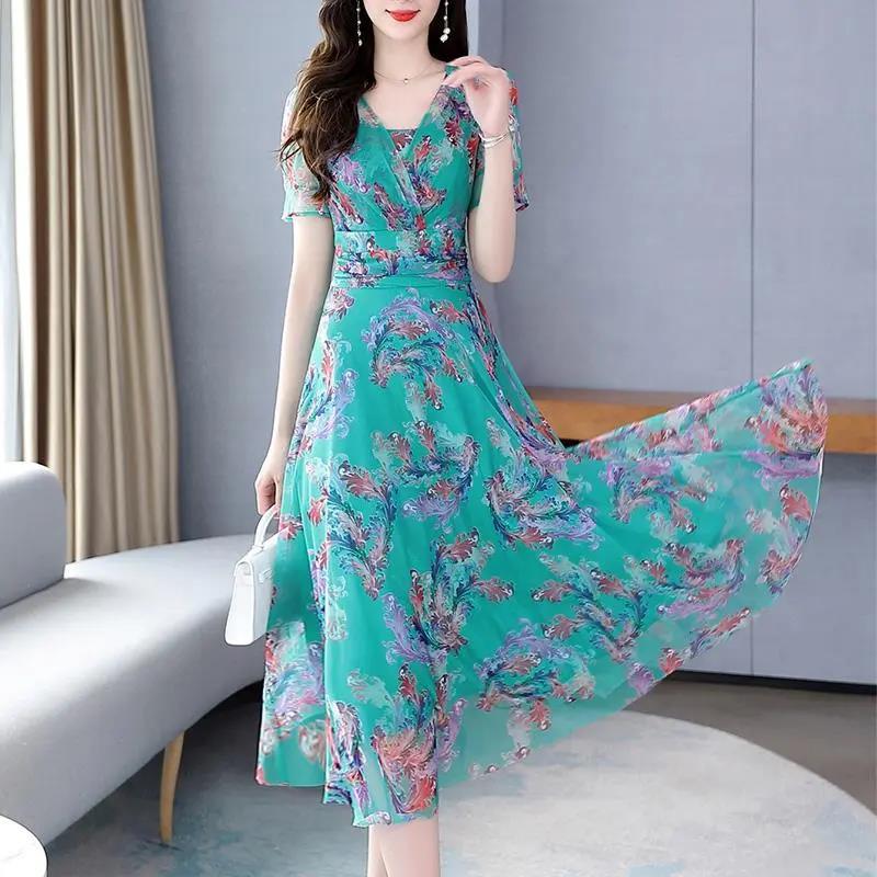High-end Large Size Dress Ice Silk Fairy Skirt Sweet Floral Temperament Chiffon Summer Dress Waist Thin Fabric Light and Breathable