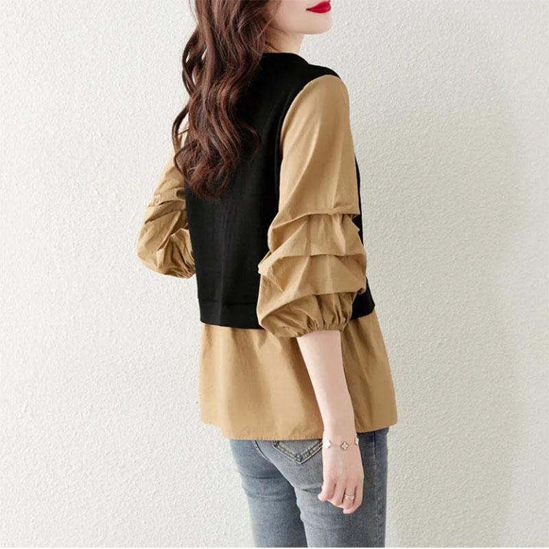 Fake Two-piece Top Shirt Black and White Three-quarter Sleeves Loose All-match Plus Size Women's Clothing