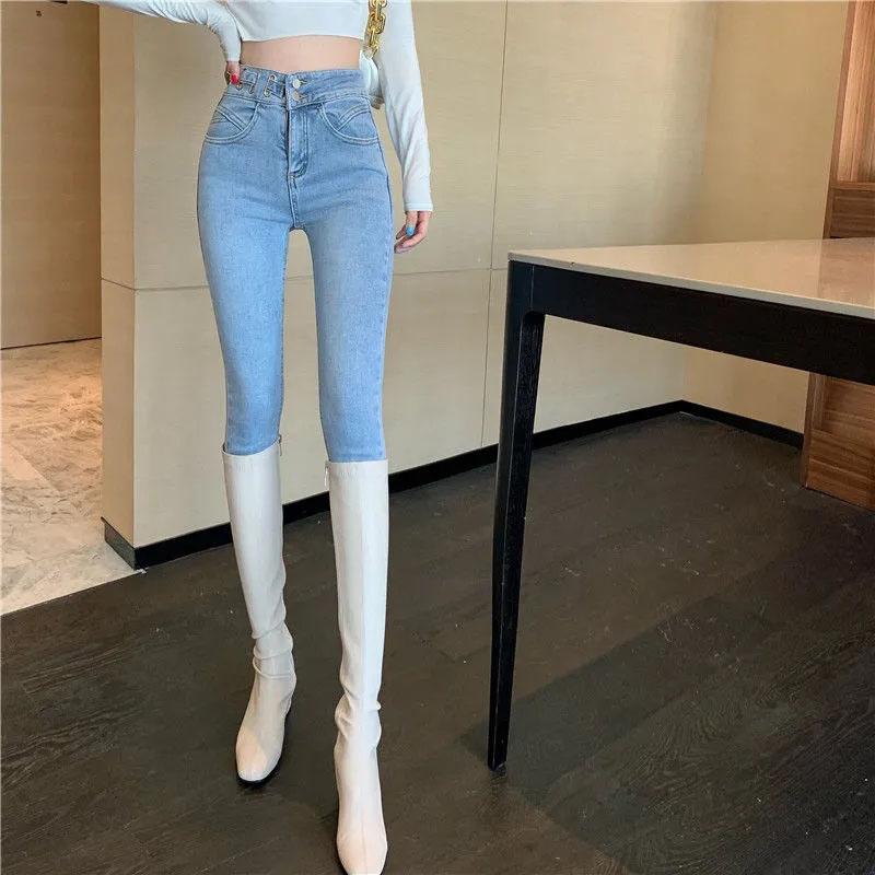 Spring and Autumn Design Women's High Waist Stretch Pants Thin Skinny Light-colored Pencil Jeans Slim Trousers