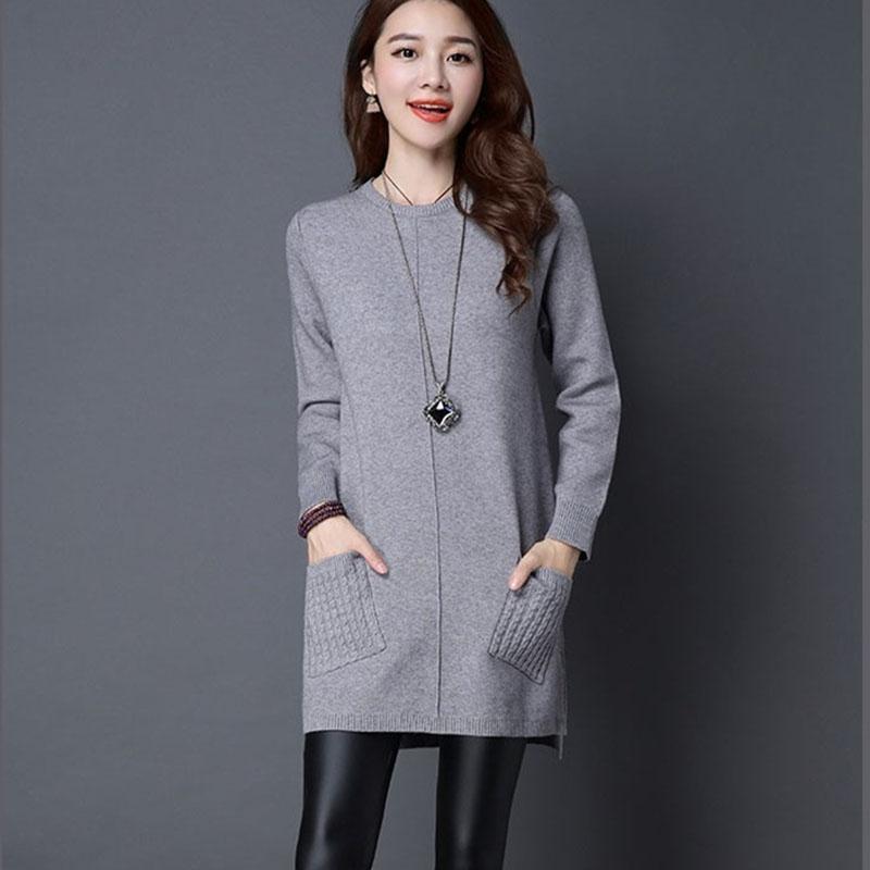 Women's Mid-length Pullover Sweater Loose Simple Irregular Hem Bottoming Sweater  Knitted Sweater Dress  with Pockets
