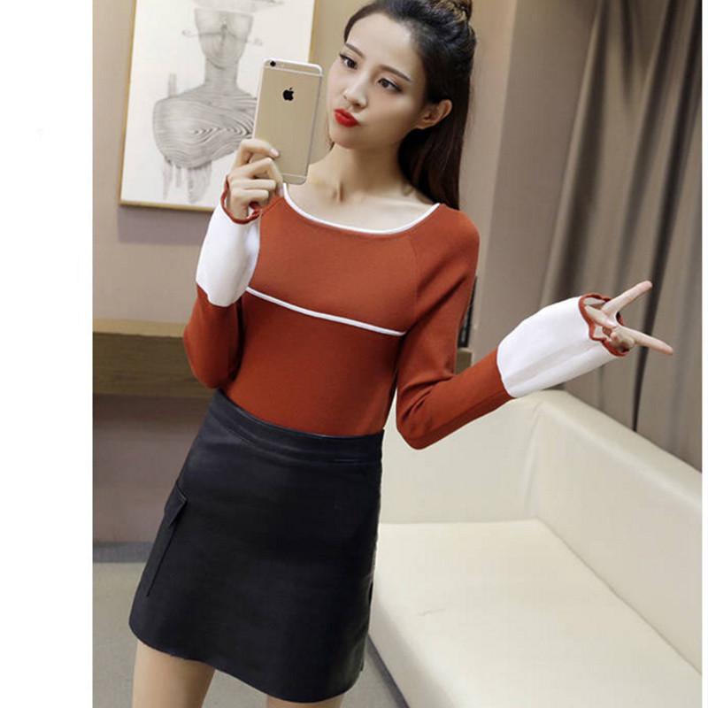 Pofulove flared sleeves hit color wild round neck jumper long sleeve bottoming sweater women