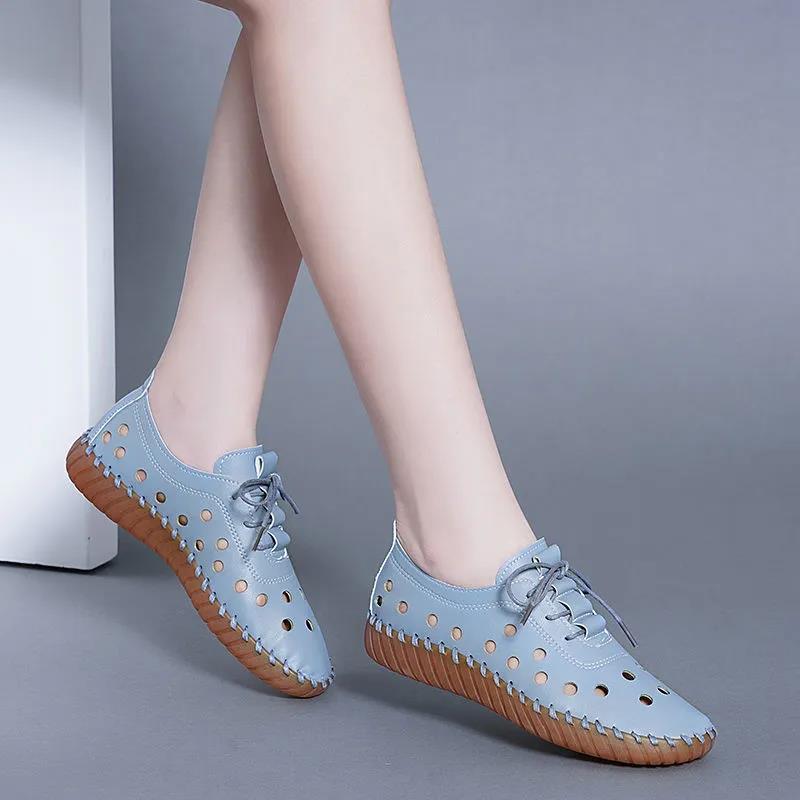 Women's Spring Summer Large Size Flat Shoes Non Slip Soft Sole Solid Color Hollow Out Leather Shoes