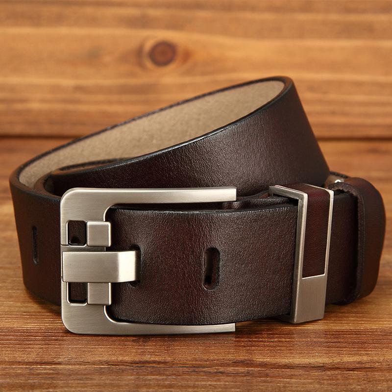 Men's Belt Pin Buckle Two-layer Cowhide Leather Retro Casual Square Solid Alloy Buckle