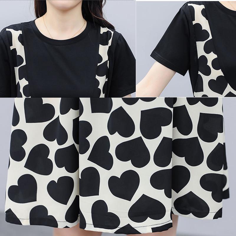 1 Pcs Stitching Short Sleeve Dress Plus Size Women's Clothing Spring Summer S-XXXL Loose Love Heart Shape Print