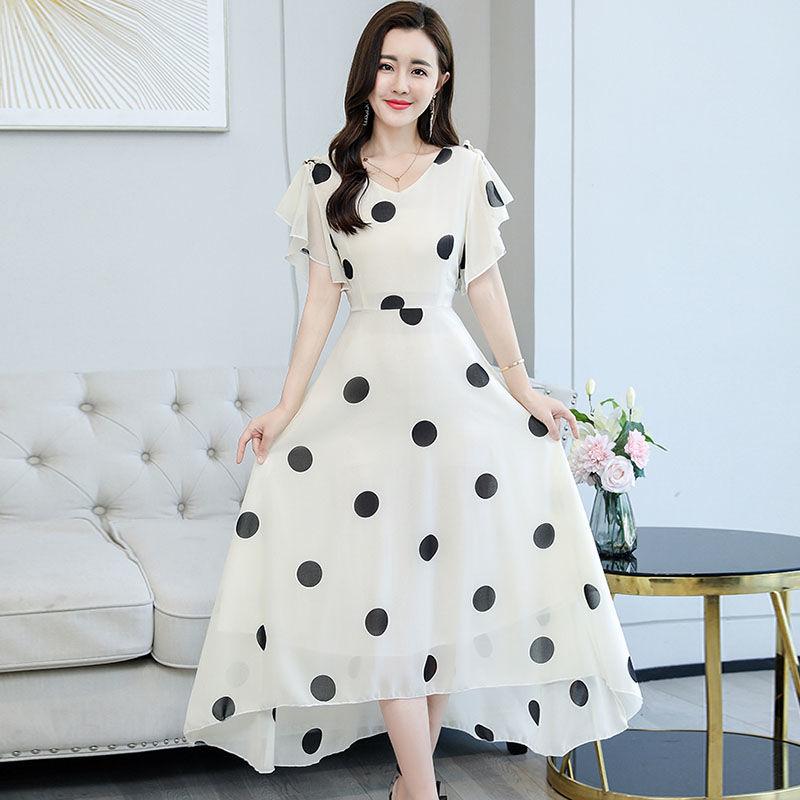 Women's Short Batwing Sleeve Ruffle Polka Dot Chiffon Dress  V-Neck Calf Length Daily Dating Party Office Wear