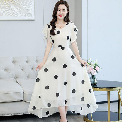 Women's Short Batwing Sleeve Ruffle Polka Dot Chiffon Dress  V-Neck Calf Length Daily Dating Party Office Wear