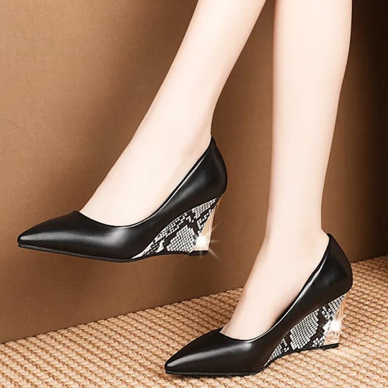 Spring Women's Shoes Pointed Toe High Heels Work Shoes High Heel Wedge Pumps Single Shoes