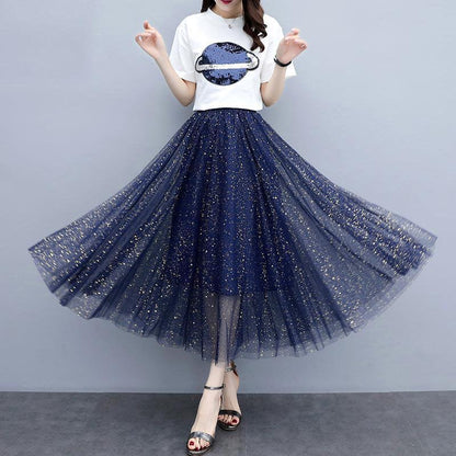 Women's One Piece / Two Piece Short Sleeve T-shirt With Gauze Korean Half Length Dress Skirt Two Piece Suit