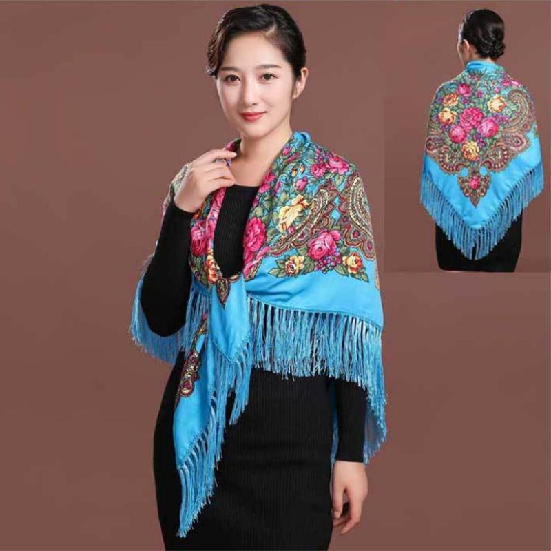 Women's Ethnic Style Square Scarf Printed Shawl Fringed Cotton Scarf Autumn Winter Warm Embroidered Shawl Multifunctional Turban Shawl Scarf 135x135cm
