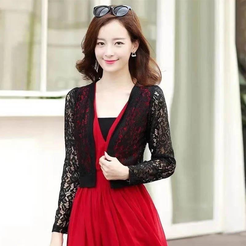 Ladies Summer Thin Long Sleeve Sunscreen Short Breathable Cardigan Solid Color Chiffon Lace Clothing