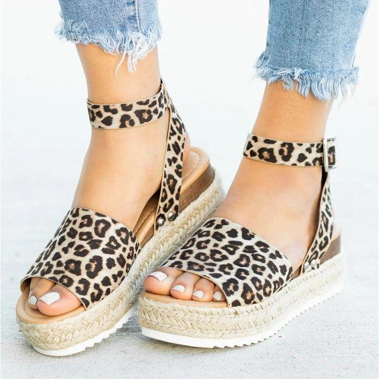 35-43 Yard Leopard Pattern Hemp Rope Female Casual Sandals Thick Bottom Comfortable Sandals