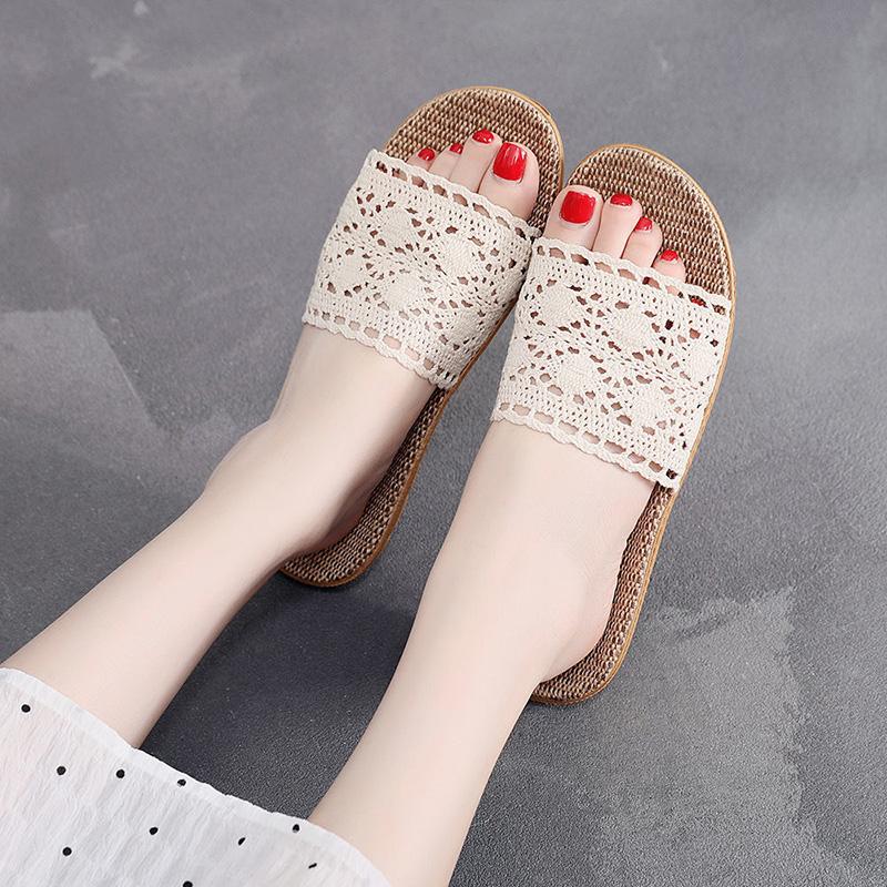 Lace Home Linen Slippers Four Seasons Summer Women's Indoor Non-slip Household Wooden Floor Mute Small Fragrance Sandals and Slippers