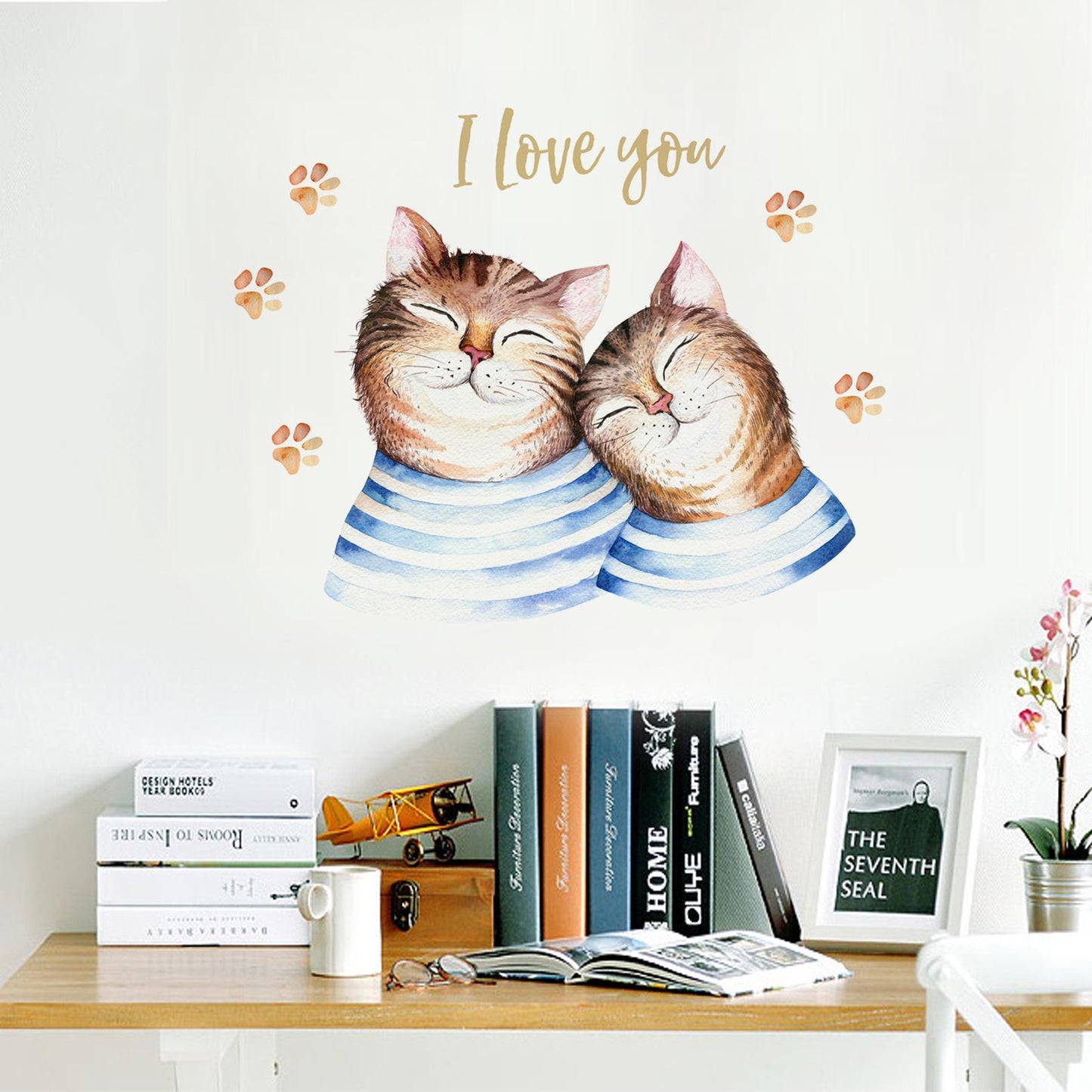 Nordic style home wall stickers couple hand-painted cat self-adhesive paper children room porch