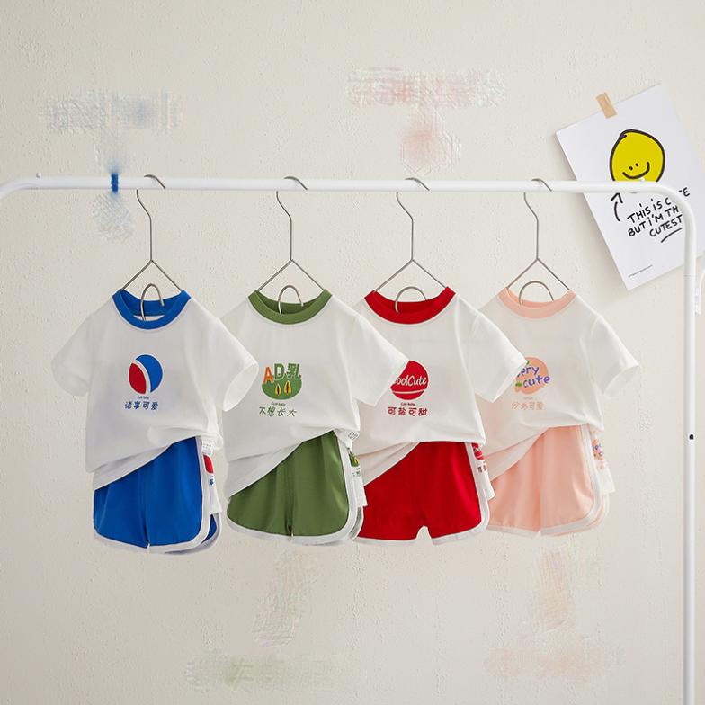 Kids Baby Girl and Boy Clothes Set Tops Solid Cartoon Short Sleeve Shirt Crop Pants Summer Casual Outfit Suit Girl and Boy 0-4Y