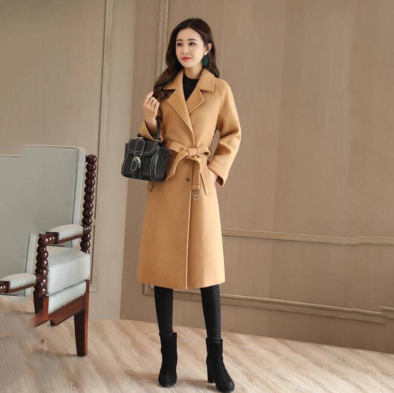 Long Women's Coat Lapel Pocket Belted Jackets Solid Color Coats Female Elegant Outerwear Ladies Coat