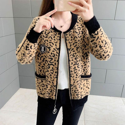 Imitation Mink Fleece Cropped Top Autumn and Winter Sweater Leopard Print Loose Wild Knit Cardigan