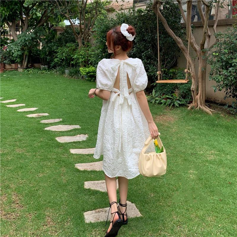 Spring and Summer Dress Korean Version of French Square Neck Bow Loose Temperament Puff Sleeve A-line Skirt