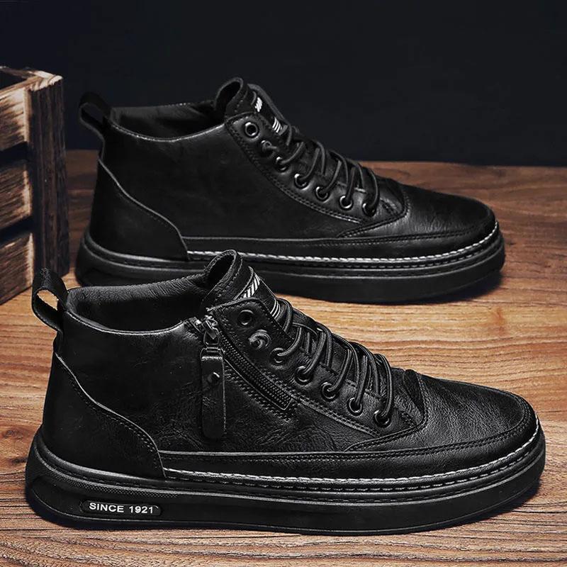 Spring Men's Shoes High Top Casual Leather Shoes Men's Work Waterproof Skid Plate Shoes All Match Sneakers Breathable Soft Sole Zipper Shoes