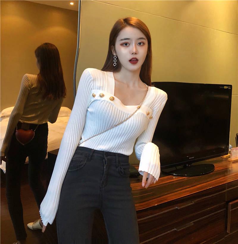 Vertical Stripe Bottoming Shirt Slim Square Collar Button Long Sleeve Knitted Sweater Women