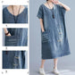 WTEMPO Loose Mid-length Frayed Dress Loose Literary Plus Size Summer Dress Denim Dress with Ripped V-neck