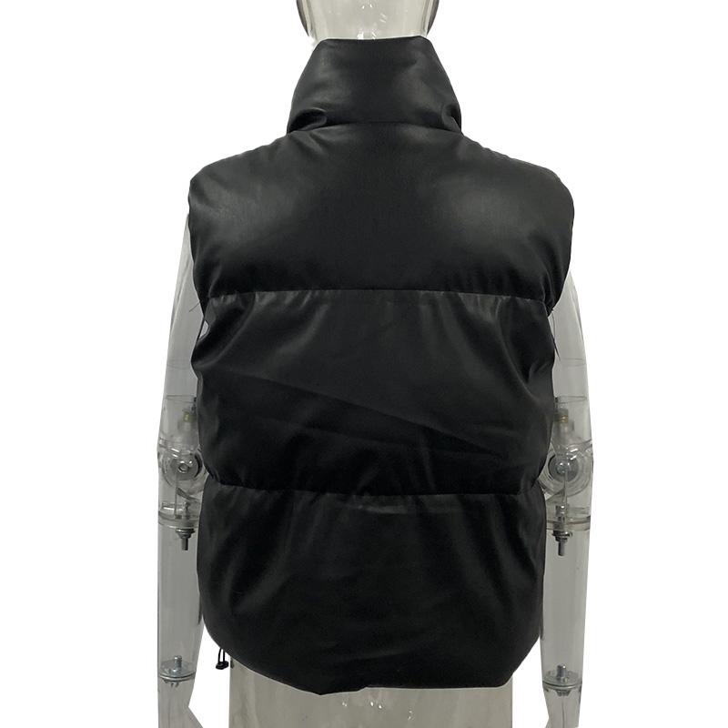 Black Stand Collar Vests Women Fashion Zipper PU Leather Coats Women Elegant Autumn Winter Short Vests Female Ladies IAC