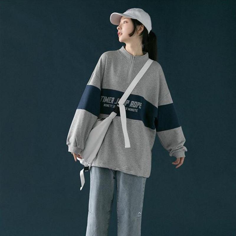 Half Zipper High Neck Sweater Women Autumn Vintage Sports Style Korean Loose Pullover Coat