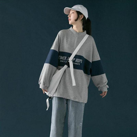 Half Zipper High Neck Sweater Women Autumn Vintage Sports Style Korean Loose Pullover Coat